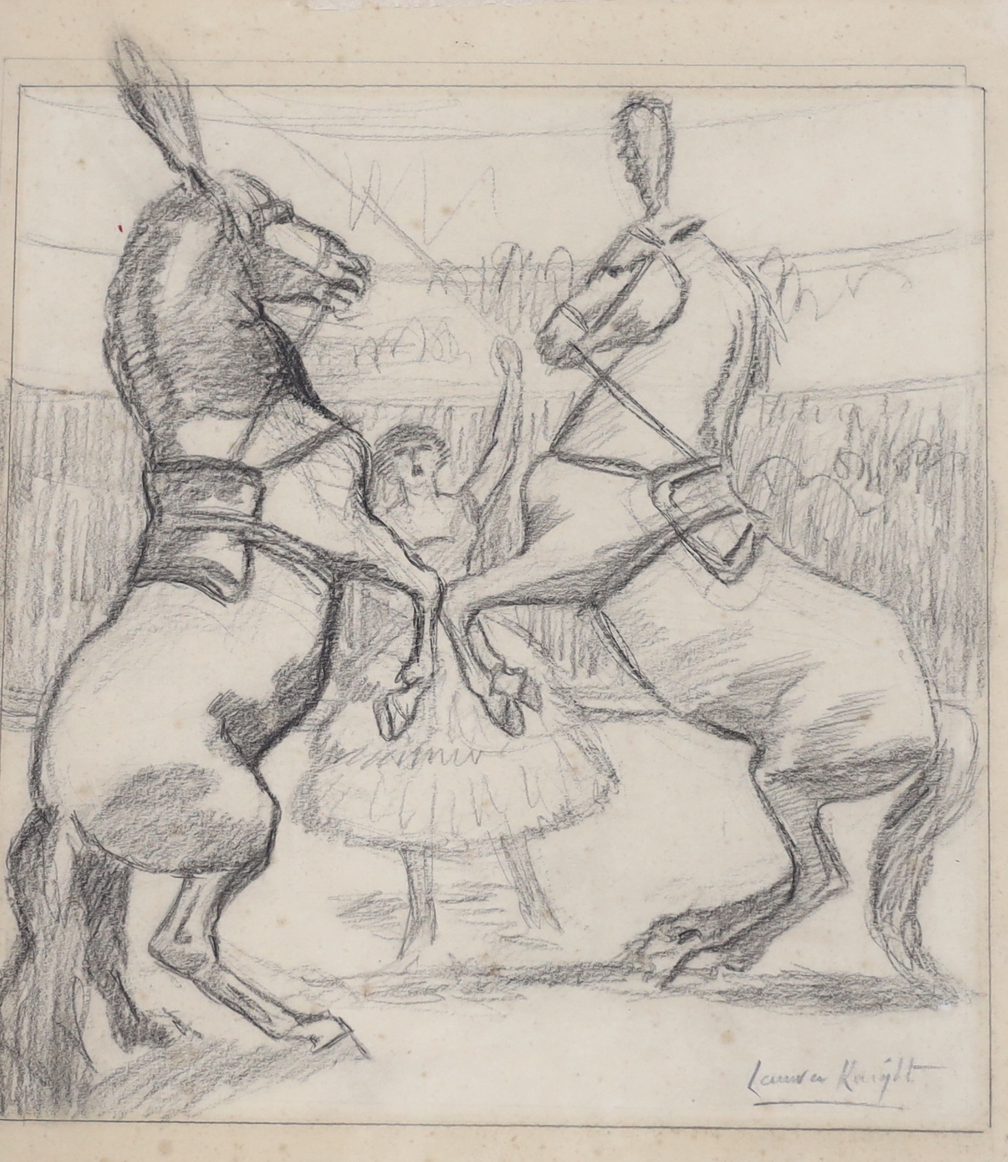 Follower of Dame Laura Knight R.A (1877-1970) charcoal, Circus horses and performers, signed, 36 x 43cm